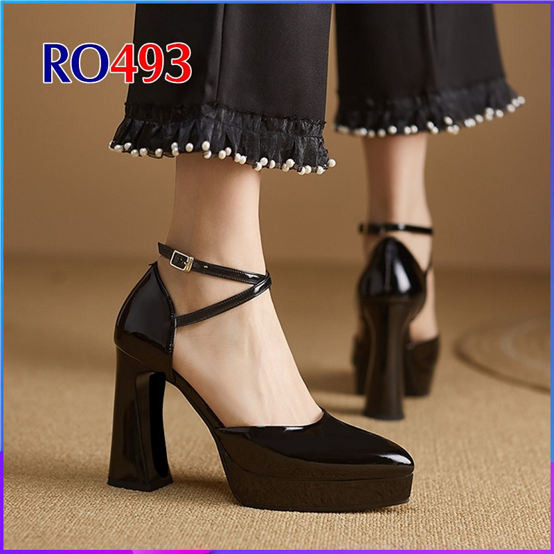 Giày sandal nữ cao gót 8cm hàng hiệu rosata hai màu đen da thời trang hàn quốc ro493