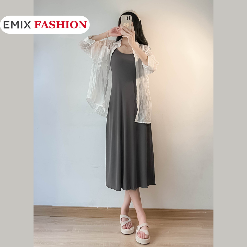 Váy 2 dây maxi dáng dài EMIX, đầm thun chất tăm lạnh phong cách Hàn Quốc