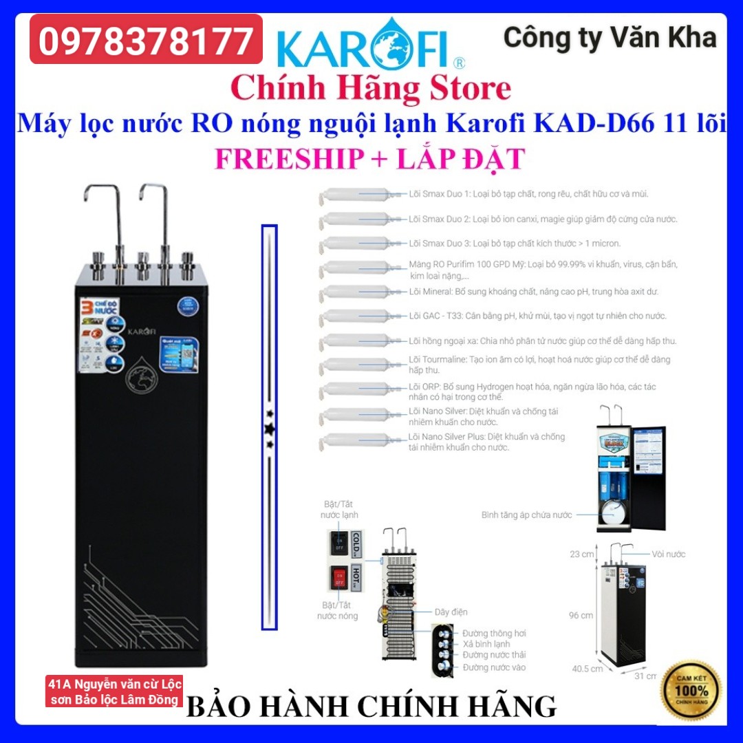Máy lọc nước nóng lạnh 11 lõi lọc Hydrogen Karofi D66, màng RO Mỹ