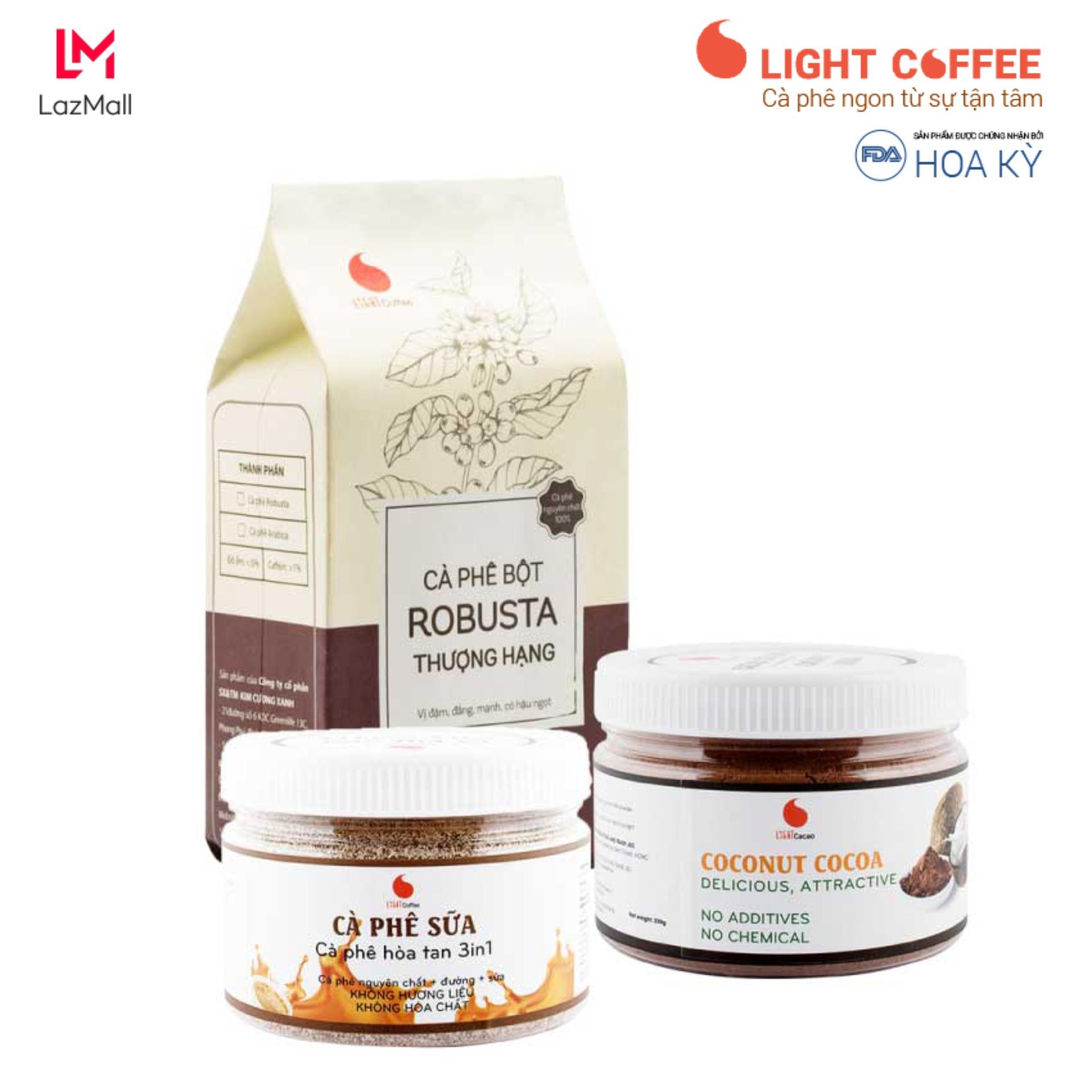 Combo tiết kiệm 5, cà phê Thượng hạng 100g, cacao sữa dừa hũ 230g, cà phê sữa hũ 230g - Light Coffee