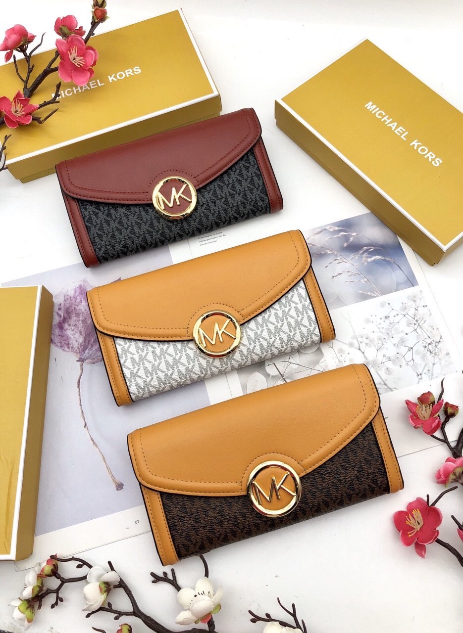 [THANH LÝ] VÍ NỮ DÀI MICHAEL K0RS SIZE 21 DA CANVAS IN CHỮ NHỎ PHỐI MÀU NHIỀU NGĂN NẮP GẬP KHÓA BẤM LOGO LỚN (FULLBOX)
