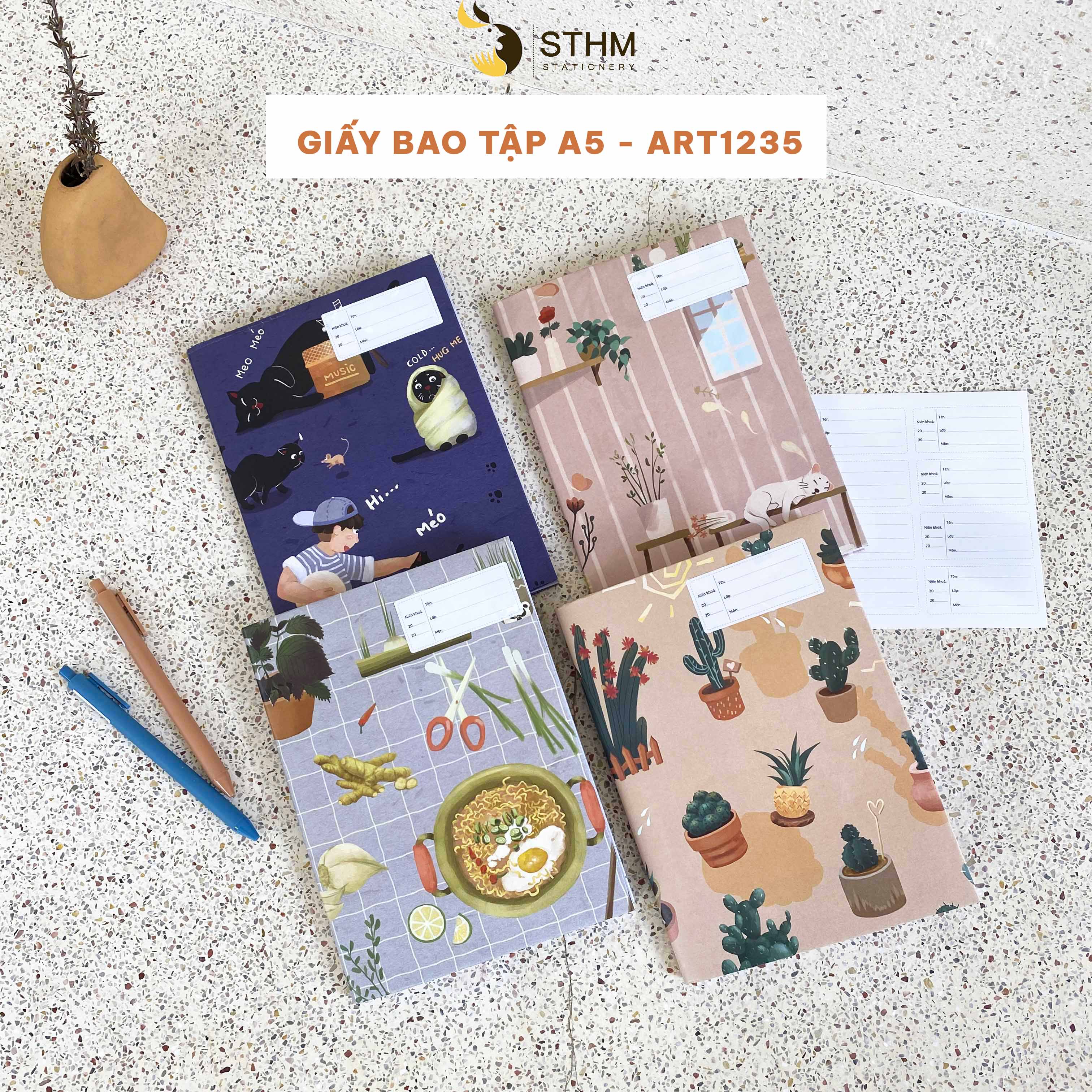 Giấy bao tập A5 - Artwork - Tặng kèm 8 nhãn vở - Giấy kraft trắng 100gsm - Giấy dai, chống thấm nhẹ - STHM stationery