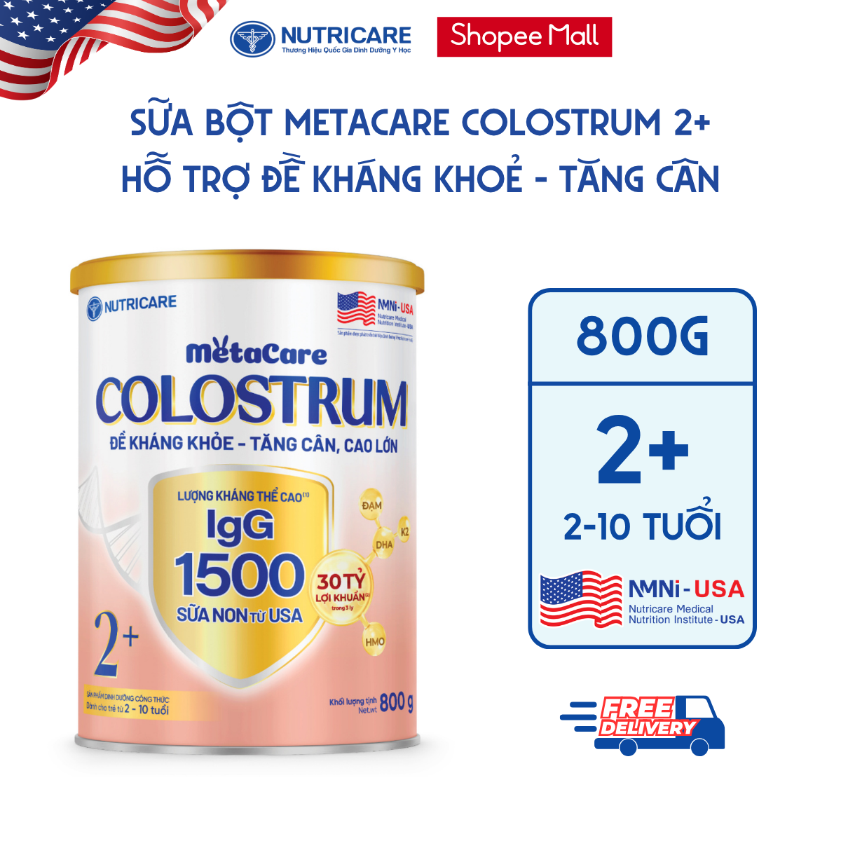 Sữa Bột METACARE COLOSTRUM 2+ Nutricare Tăng Cường Miễn Dịch Sức Đề Kháng Bé Từ 2-10 Tuổi Với Sữa Non IgG 1500+ 800G