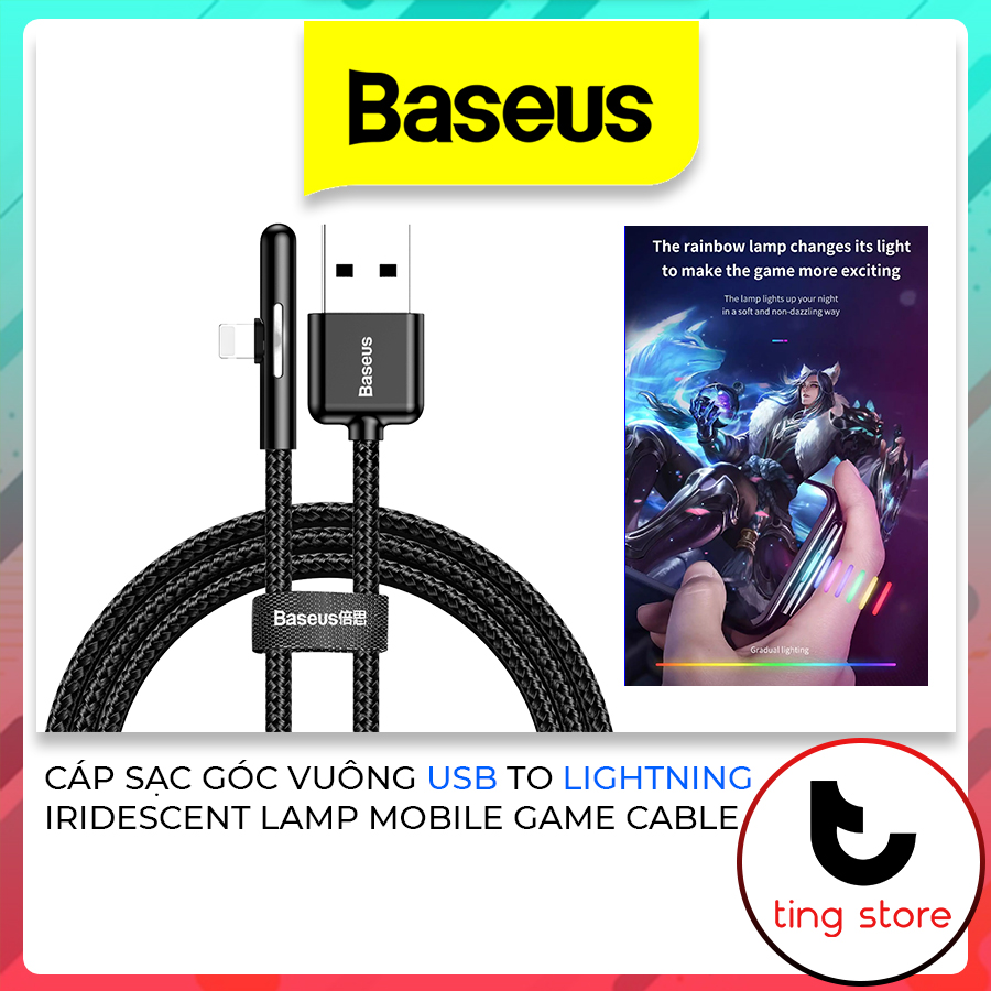 Dây cáp sạc góc vuông usb to lightning baseus iridescent lamp mobile game gập 90 độ có đèn led dài 1m 2m