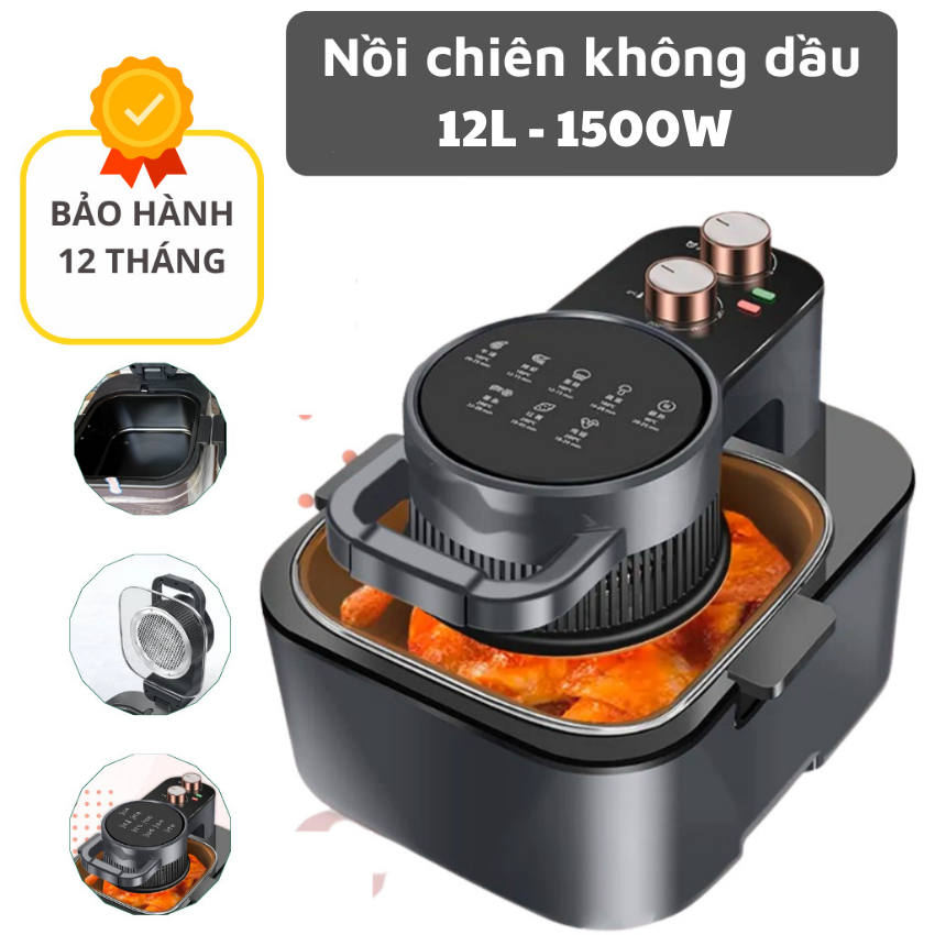 Nồi chiên không dầu cỡ đại 12l - công suất 1800w, - lò nướng đối lưu, mặt kính kiểm soát nướng, khả năng cách nhiệt, chịu lực tốt