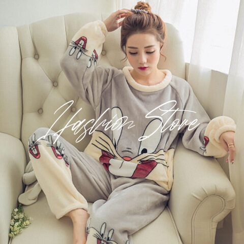 Bộ đồ ngủ mùa đông Flannel Bộ đồ ngủ bằng lông cừu Coral Bộ đồ ngủ bằng lông cừu cho phụ nữ hoạt hình dày dành cho nữ Bộ đồ phục vụ tại nhà Bộ đồ ngủ cộng với bộ đồ ngủ mùa đông lông cừu cho phụ nữLZD162