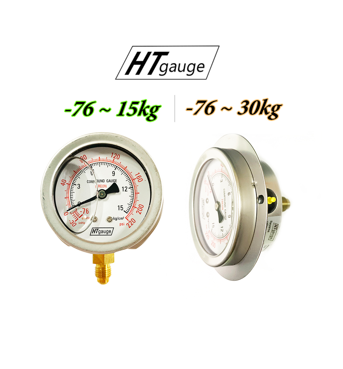 Đồng hồ đo áp suất điện lạnh, áp suất gas âm -1 dương 15kg, 30kg HT gauge, chân đứng, chân ngang, mặt 63mm, mặt 100mm