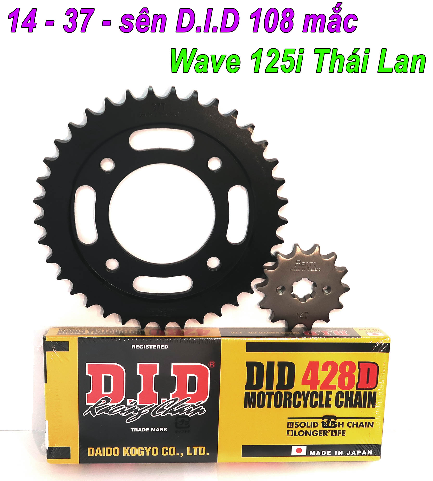 Nhông dĩa Recto 14 37, sên DID 108 mắc cho Honda Wave 125i Thái Lan (Future Thái) đời 2019 - nay