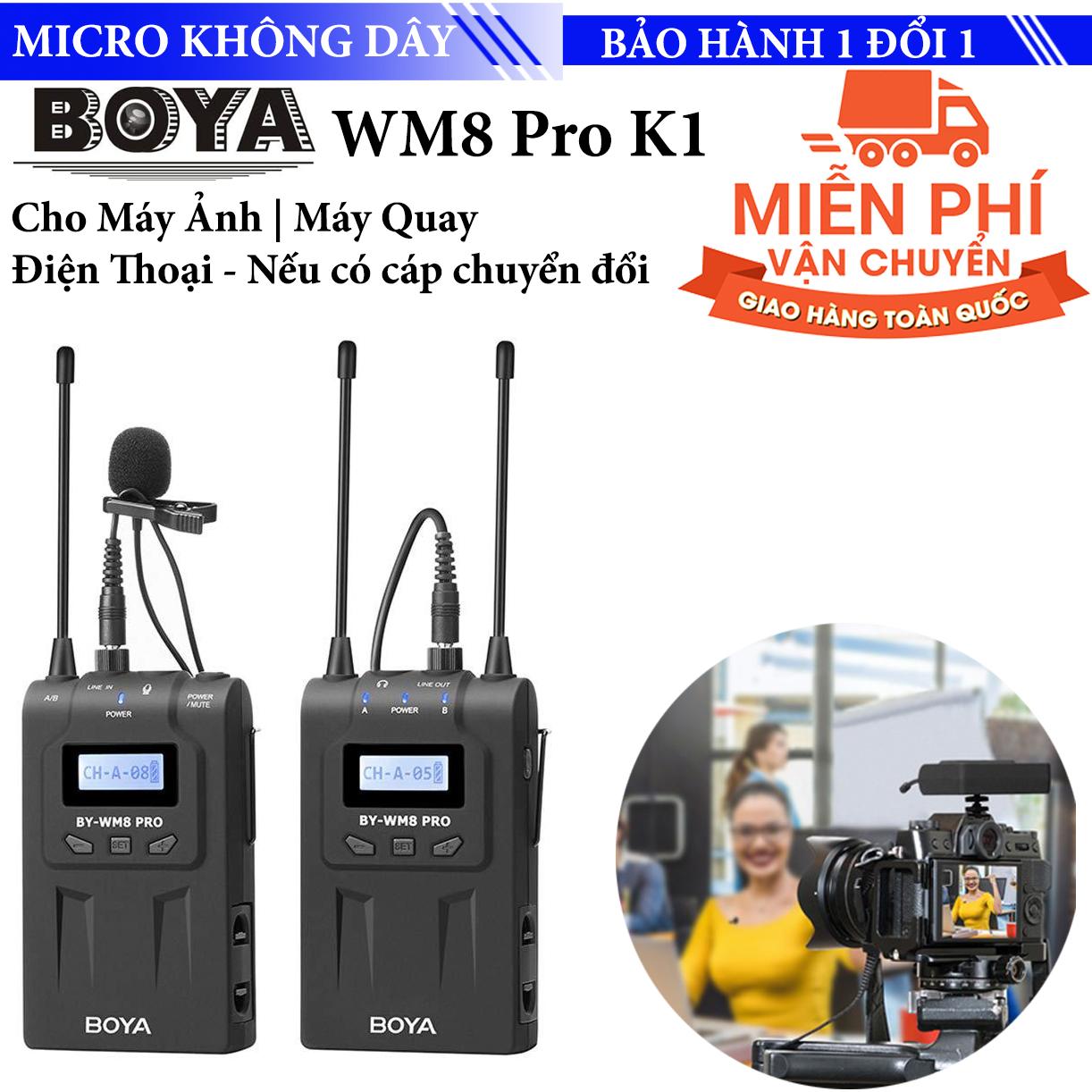 Microphone Thu âm quay phỏng vấn video vlog không dây sử dụng sóng UHF BoyA WM8 Pro K1 - Cho máy ảnh - Máy Quay - Điện Thoại ( Nếu bạn có cáp chuyển đổi tín hiệu )