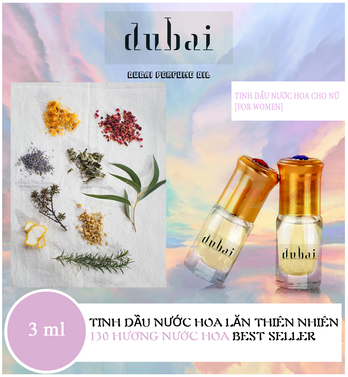 [Lưu hương lâu 12 tiếng] Tinh dầu nước hoa thiên nhiên Dubai dạng lăn 3ml mẫu thử hàng cao cấp 130 mùi hương nước hoa nam nữ
