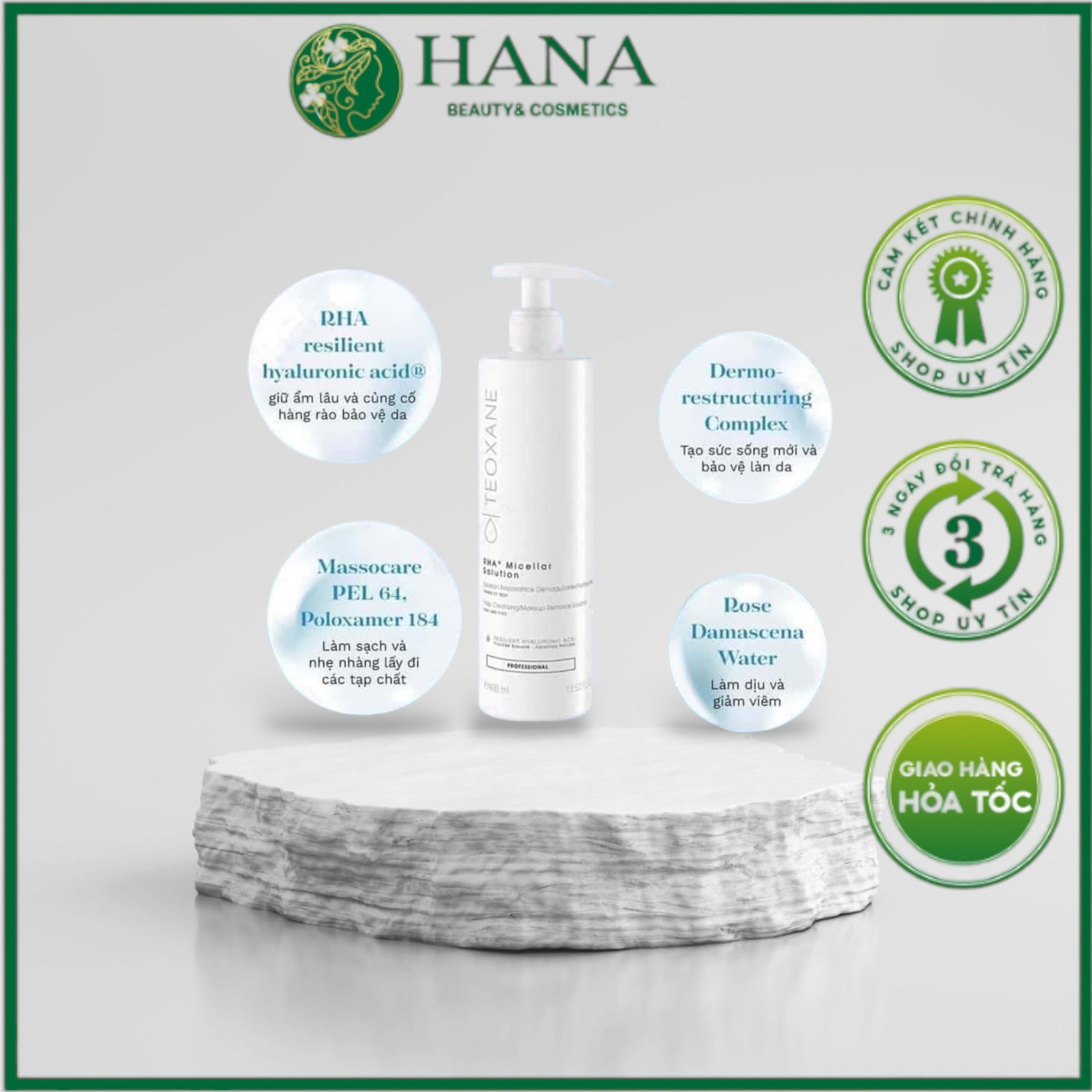 Nước tẩy trang dịu nhẹ 3 trong 1 Teoxane RHA Micellar Solution 400ml Tẩy trang Teoxane RHA Micellar Solution