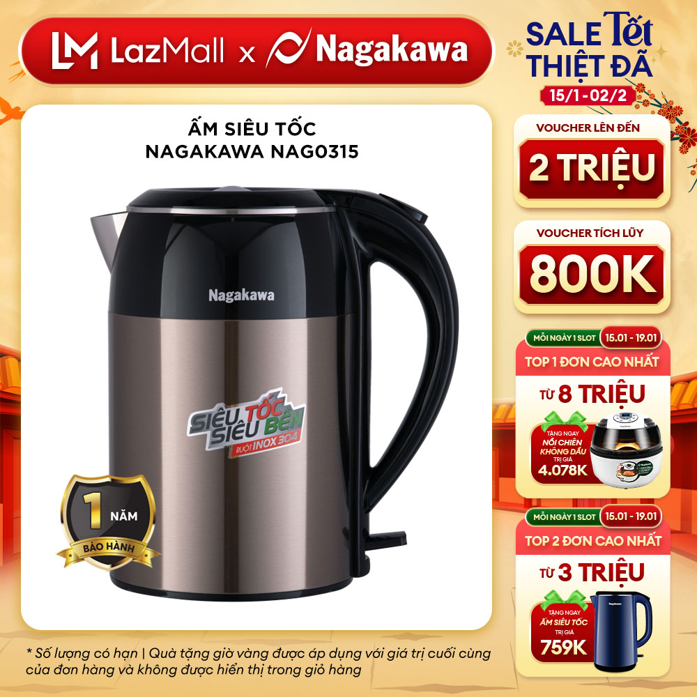 Ấm siêu tốc nagakawa nag0315 / nag0314 , dung tích 1.8l, công suất 1800w, đun sôi nhanh, ruột ấm bằng inox 304 an toàn cho sức khỏe