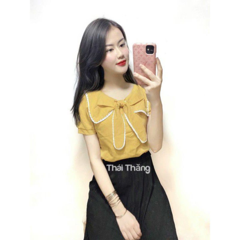 Áo Kiểu Ngắn Tay Chất Đũi - Cổ Thắt Nơ Phối Bèo Cánh Tiên | Lazada.vn Áo Kiểu Ngắn Tay Chất Đũi - Cổ Thắt Nơ Phối Bèo Cánh Tiên | Lazada.Vn