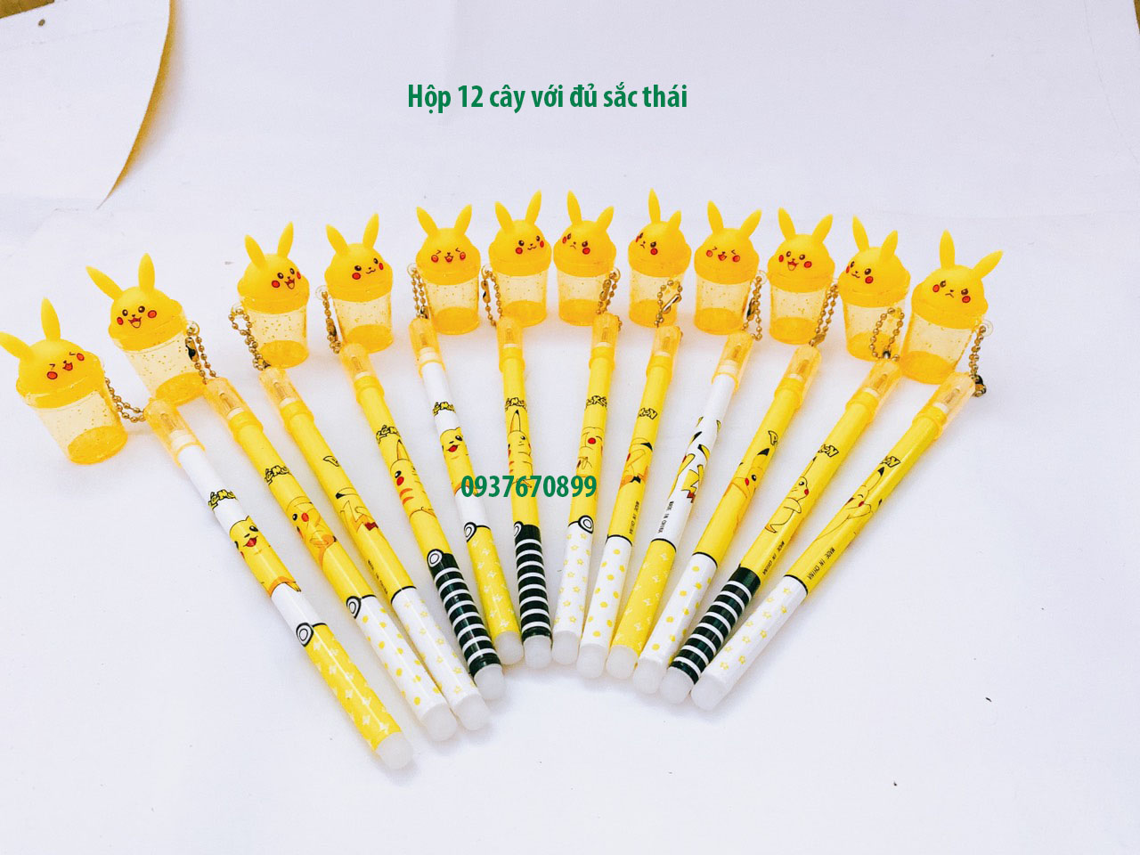 [HCM]Hộp 12 cây bút gel ( nước)  xóa được-ngòi 0.5 mm-mực tím-có gắn tag chiếc bình và pikachu dễ thương-1 hộp