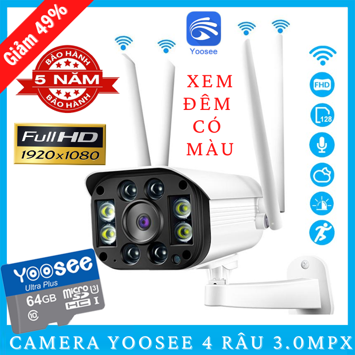 [ Kèm Thẻ Nhớ 128GB - 1 Đổi 1 Trong 15 Ngày ] Camera IP Wifi Yoosee 4 Râu Camera Ngoài Trời Chống Nước Xem Đêm Có Màu