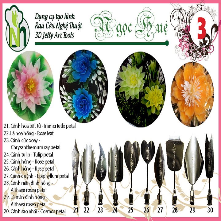 [HCM]Dụng cụ rau câu 3D Ngọc Huệ (bộ số 3 - hoa hồng hoa quỳnh sao nhái mãn đình hồng tulip)