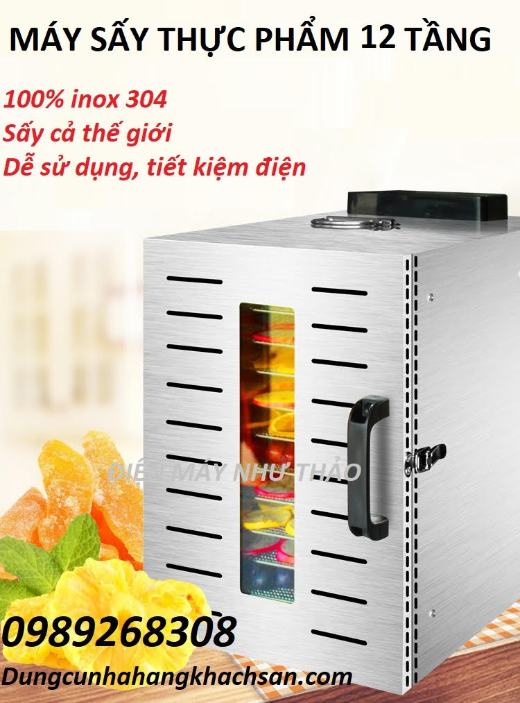 Máy sấy thực phẩm 12 tầng- Máy sấy công nghiệp và gia đình- 100% inox phiên bản cảm ứng- Bảo hành 1 năm