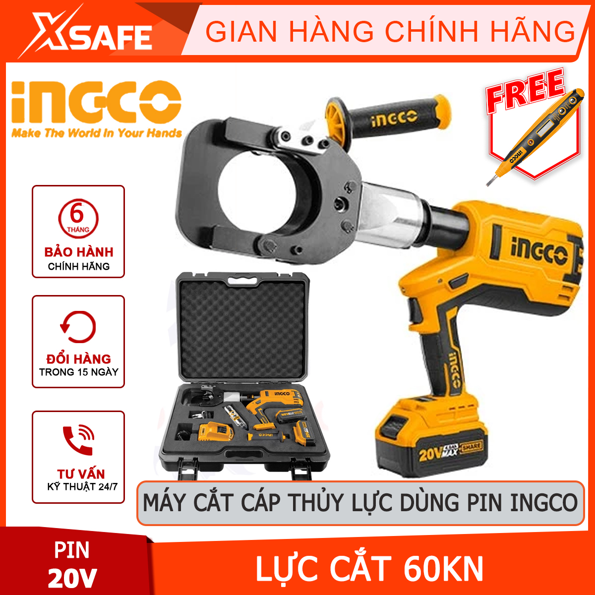 Máy cắt cáp thủy lực siêu nhẹ dùng pin INGCO CRCLI2002 Máy cắt cáp thủy lực 20V kèm 2 pin Lithium 20V/4.0Ah hỗ trợ cắt các loại cáp điện