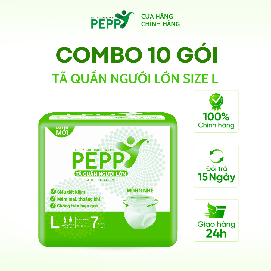 Combo 10 gói tã/bỉm quần người lớn, người già peppy siêu mềm, siêu thấm, kháng khuẩn size l