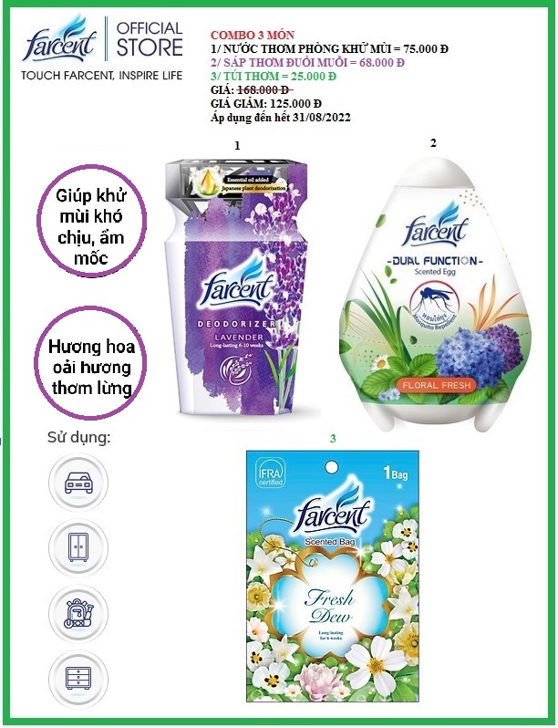 Chỉ 125.000 đ/combo 3 món: 1 nước thơm phòng khử mùi hương hoa oải hương 300ml + 1 sáp thơm đuổi muỗi 170g + 1 túi thơm hương ban mai 10g farcent được chứng nhận an toàn sức khỏetsk bởi bộ y tế