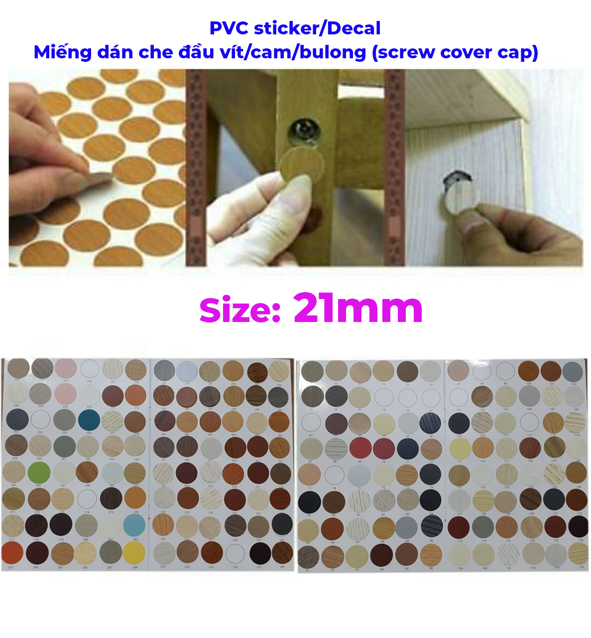 (Size 21mm) Miếng dán che bịt đầu vít, cam, bulong, size 21mm - Màu tùy chọn - Combo 54 nhãn/tờ.