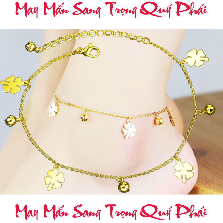[HCM]Lắc chân titan cỏ 4 lá kết hợp chuông (kêu) màu vàng cách điệu siêu đẹp bền màu hợp thời trang mang phong cách quý phái sang trọng và may mắn - Mạ 3 lớp kĩ bền màu không đen