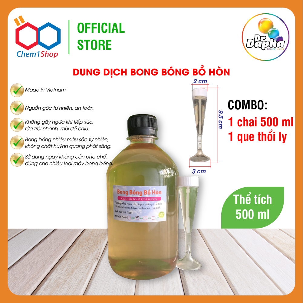Combo 01 chai 500ml Dung dịch thổi bong bóng xà phòng làm từ quả bồ hòn và 1 que thổi hình ly siêu dễ thương