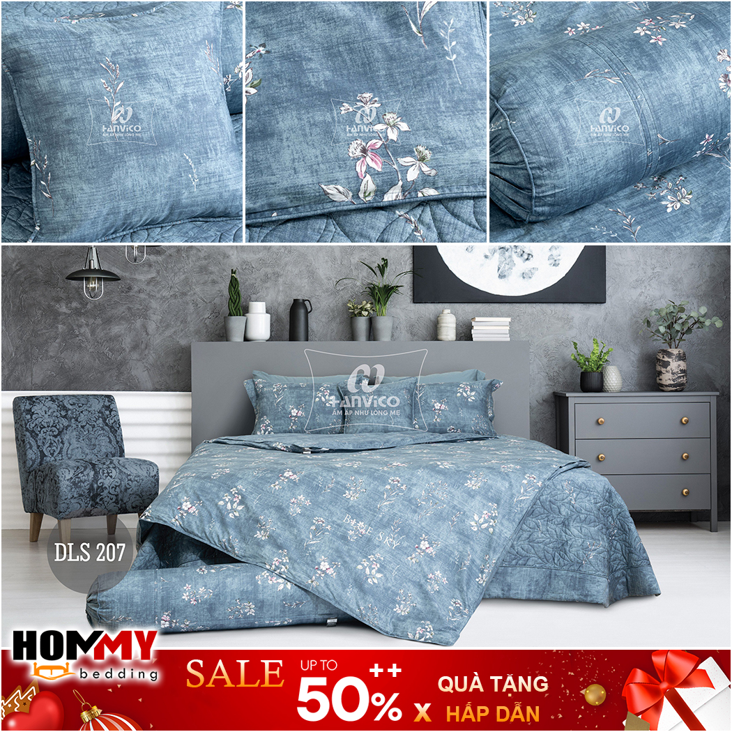 🍁 Mẫu Chăn Ga Gối 🍁 Hanvico Blue Sky DLS207 vải cotton cao cấp (bán lẻ ga chun / vỏ chăn / đôi vỏ gối)