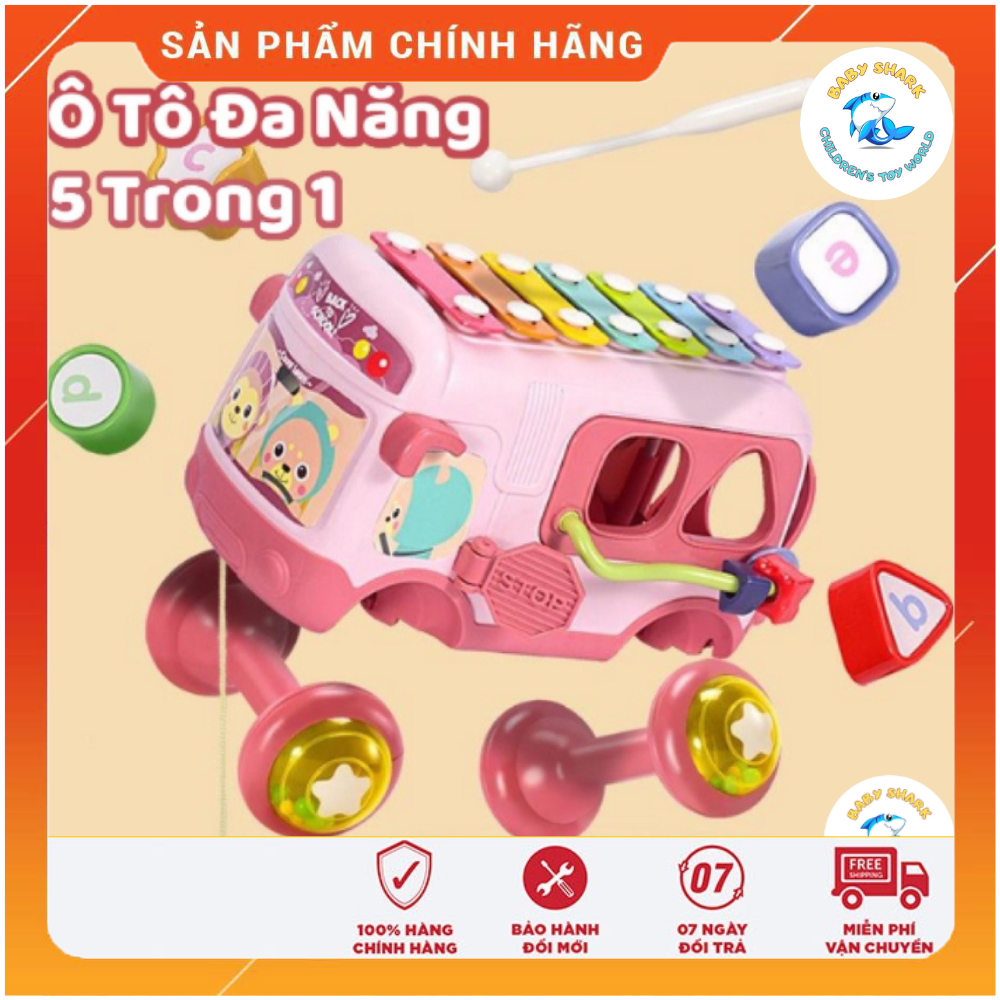 Đồ chơi ô tô đa năng 5 trong 1. xe bus kéo kết hợp đàn gõ piano, xếp hình khối, luồn hạt, xúc xắc cho bé