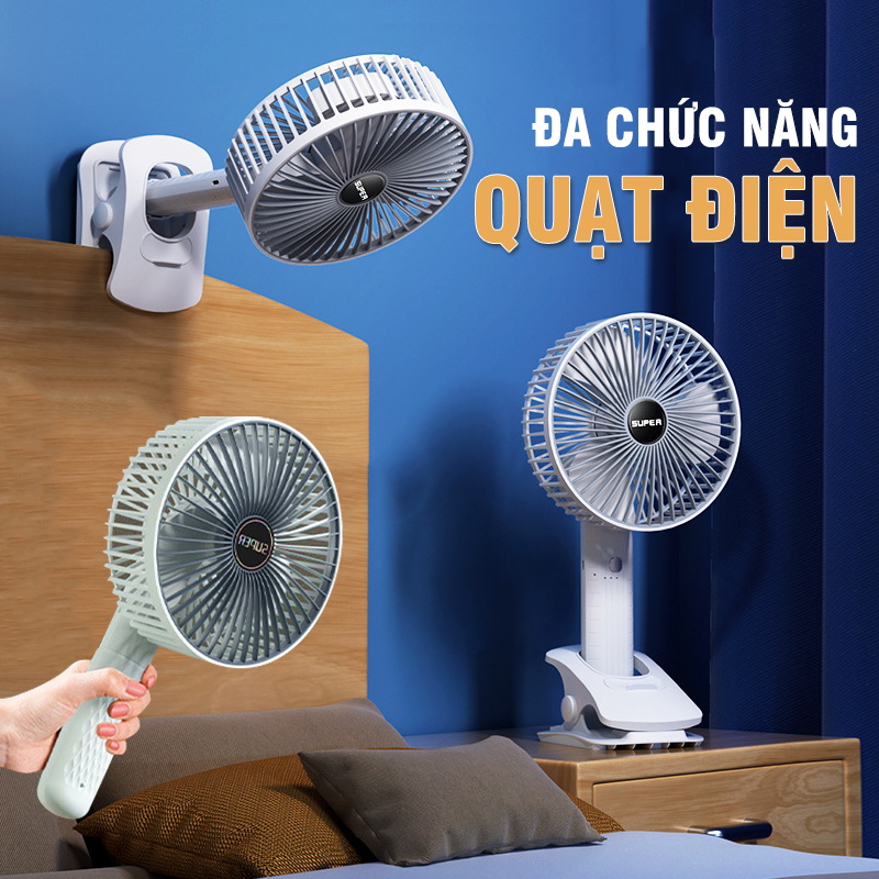 Quạt điện mini kẹp để bàn đa chức năng cầm tay pin sạc quạt kẹp bàn xoay 360 siêu yên tĩnh 3 cấp tốc độ