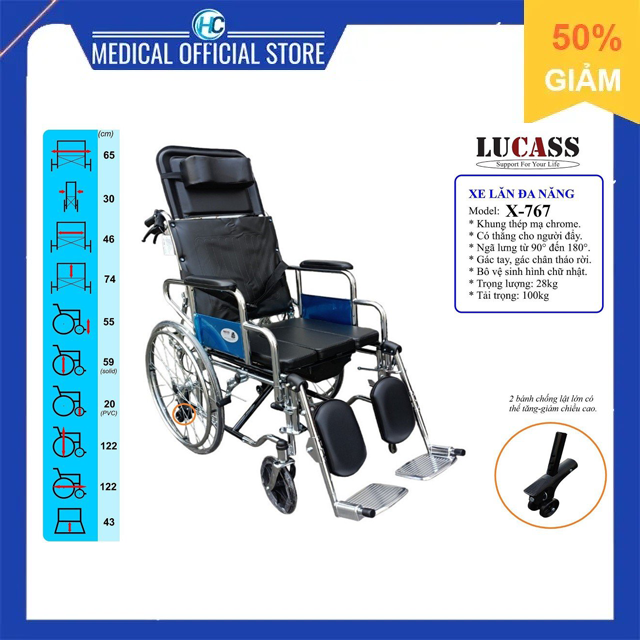 Xe lăn nằm đa năng, bô vuông, đệm simili, có thắng lucass x-767