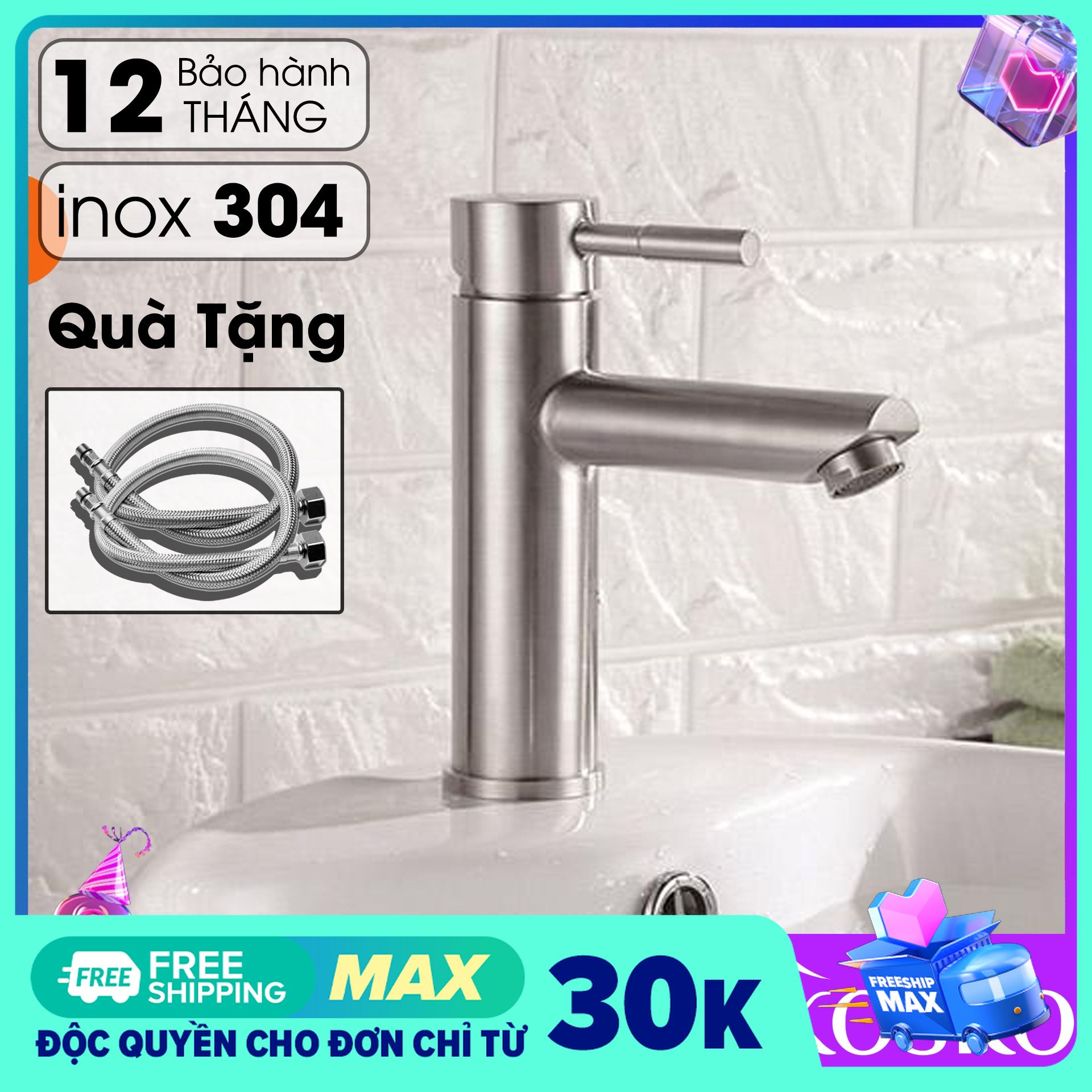 Vòi lavabo nóng lạnh inox SUS 304 tròn cao 20cm (Hàng chuẩn loại 1) (Tặng kèm dây cấp) phù hợp với mọi loại chậu rửa mặt 1 Lỗ, Lavabo rửa mặt 1 lỗ chậu thường – chậu dương vành – chậu âm bàn (Bảo hành 12 tháng - 1 đổi 1 trong vòng 7 ngày)