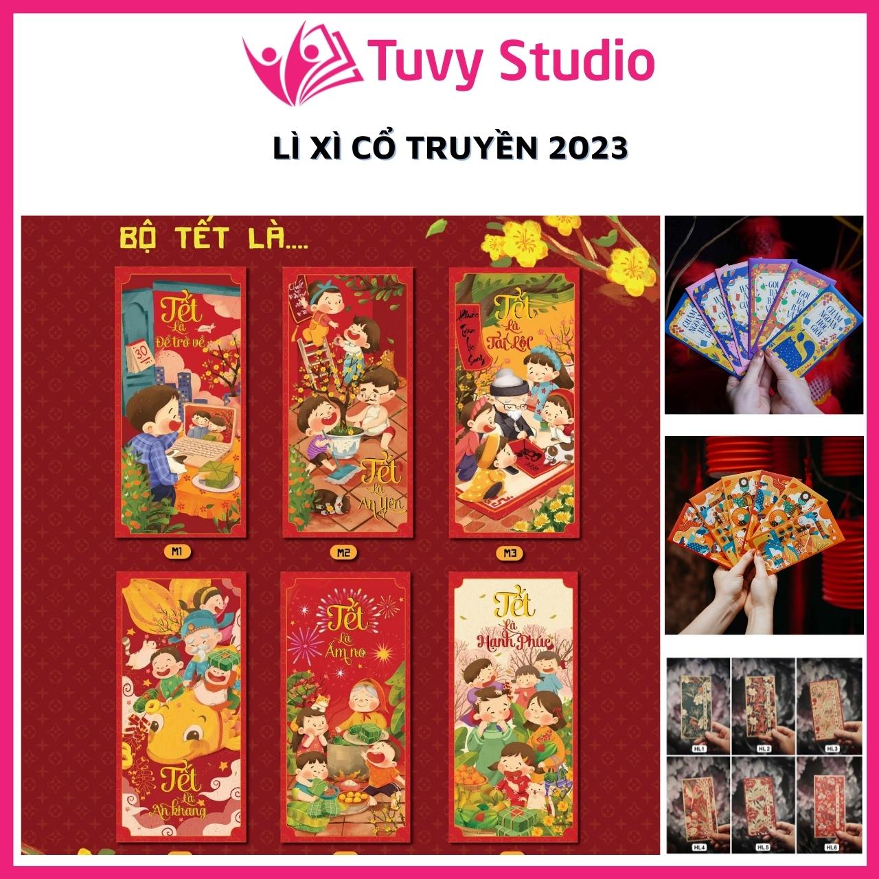 Lì xì tết 2023 mẫu truyền thống gia đình sum vầy giấy C150 bóng đẹp tại Tú Vy Studio Tết con mèo