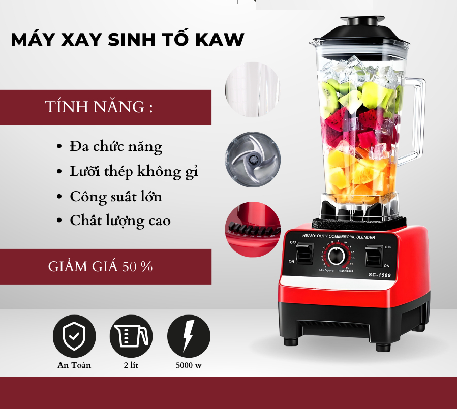 Máy xay sinh tố công nghiệp 4500w kaw, xay đa năng 2 cối, bảo hành 12 tháng