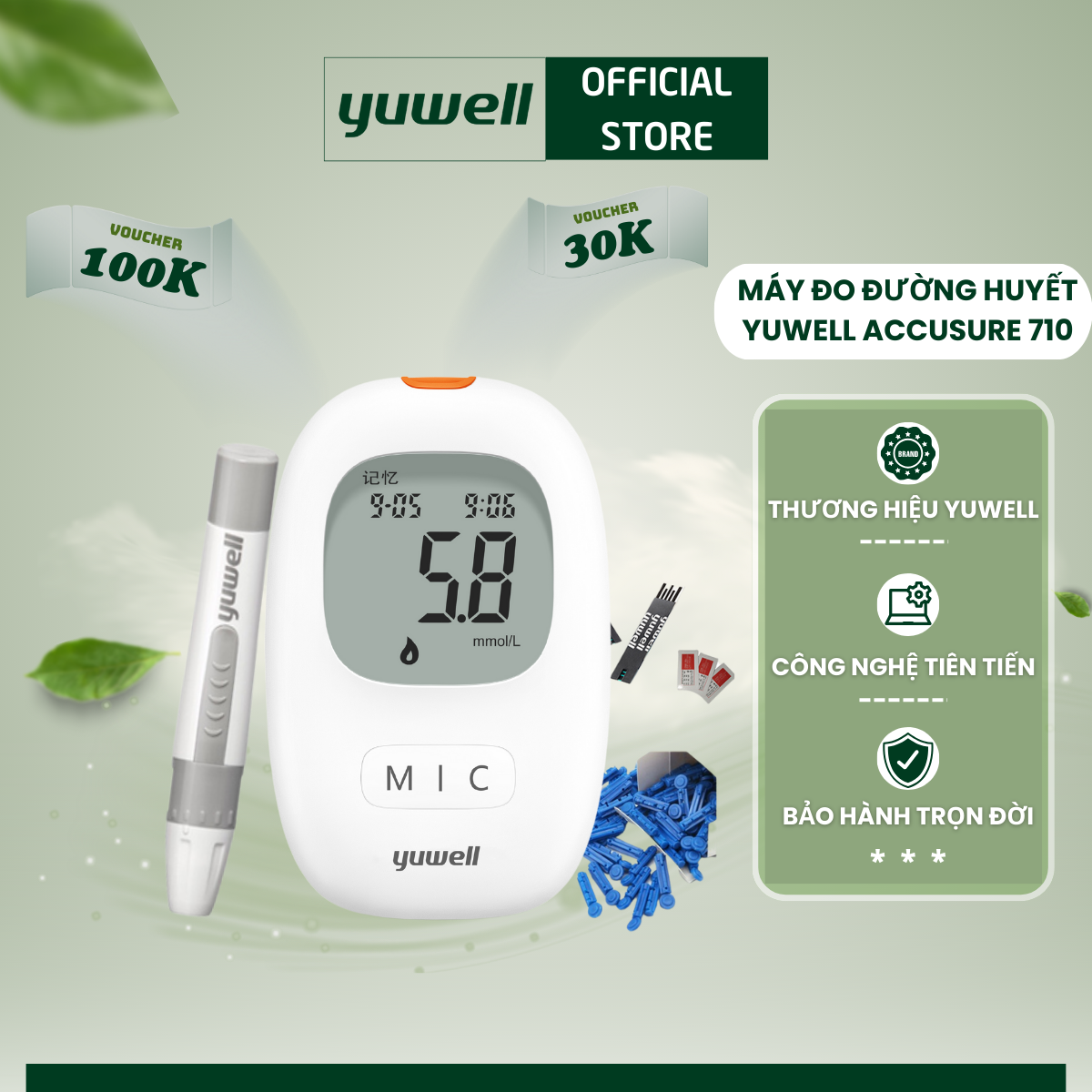 Máy đo đường huyết/ máy đo tiểu đường Yuwell Accusure 710 (Model mới) [[Tặng kèm 10 kim+ 10 que thử đường huyết]]