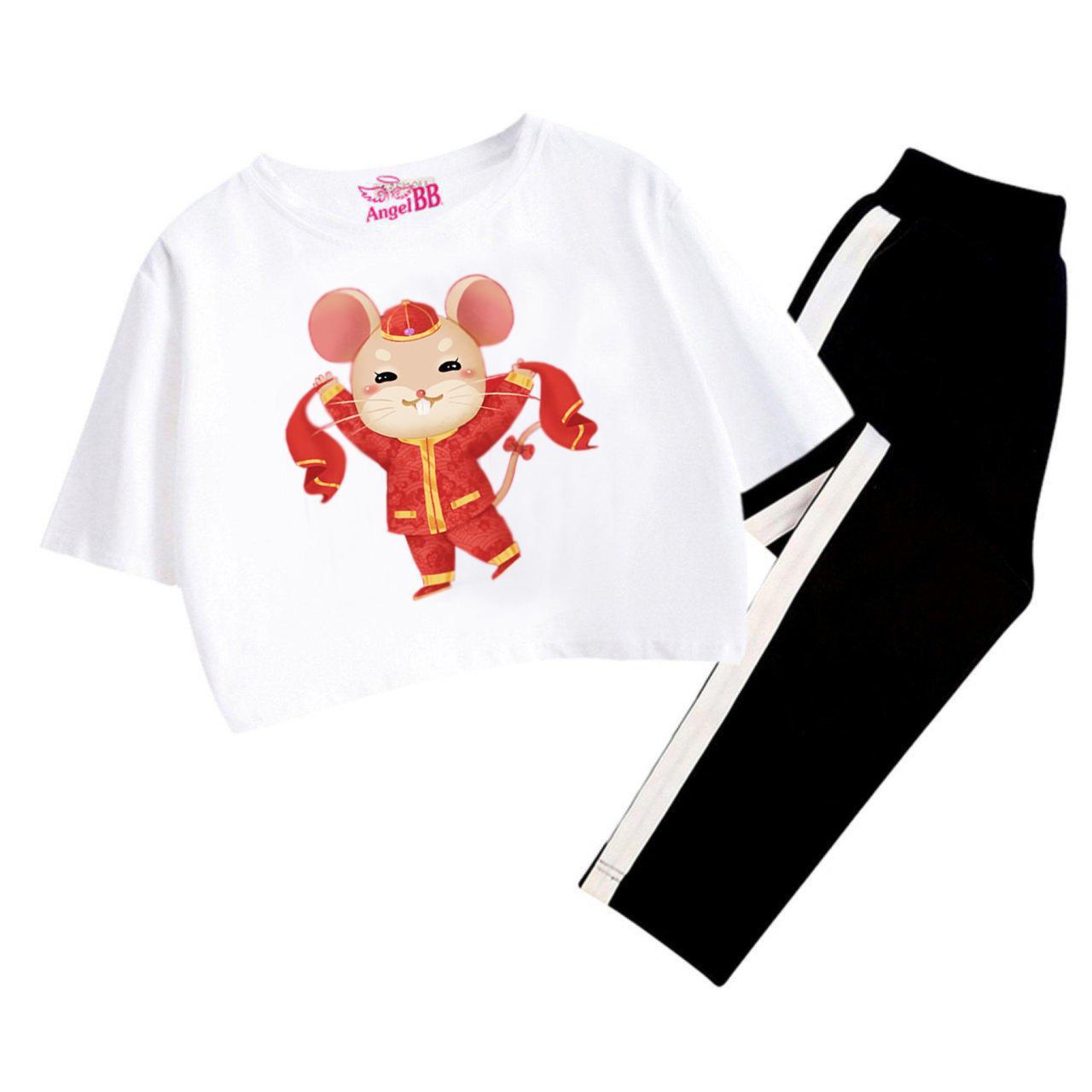 [HCM]Bộ thun lửng hình Chuột cho bé gái thật xinh áo croptop mix quần ôm 19-44Kg - Có 7 màu