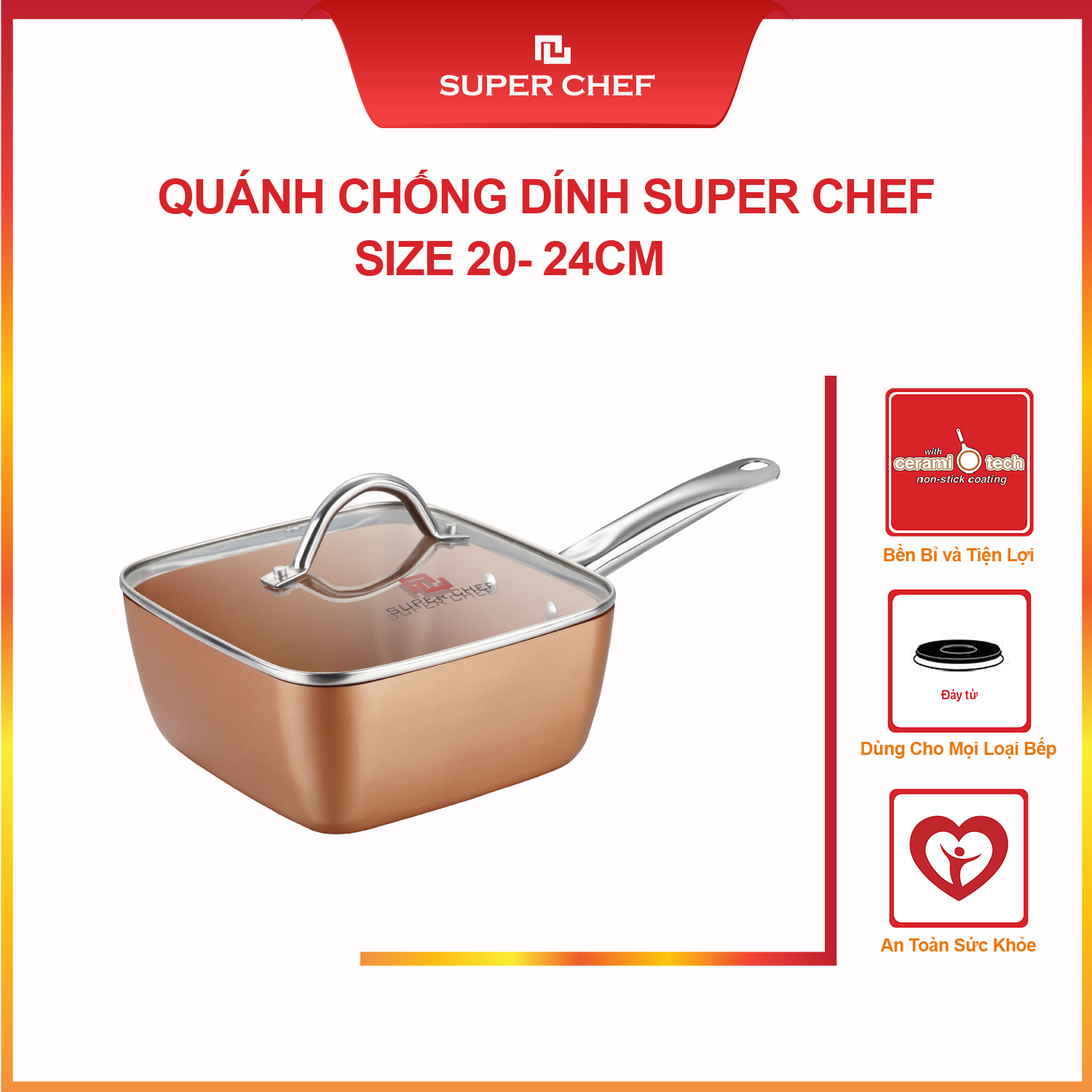 Nồi Vuông Cán Dài/ Quánh Super Chef An Toàn Sức Khỏe, Siêu Bền Bỉ, Không Bong Tróc