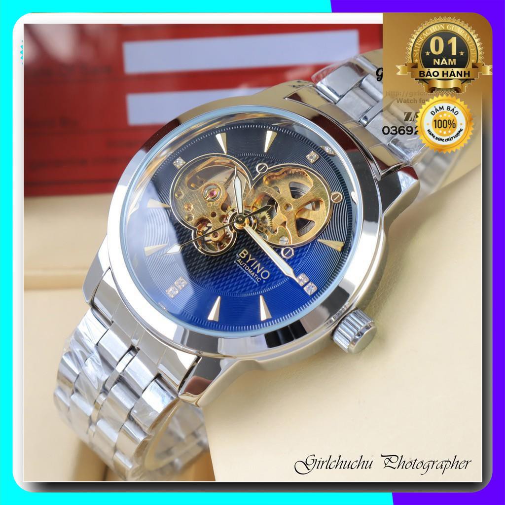 [HCM]Đồng hồ cơ nam Byino cơ lộ máy mặt kính xanh phản chiếu cực đẹp máy tự động thiết kế lộ cơ [ Đồng Hồ Cơ ]