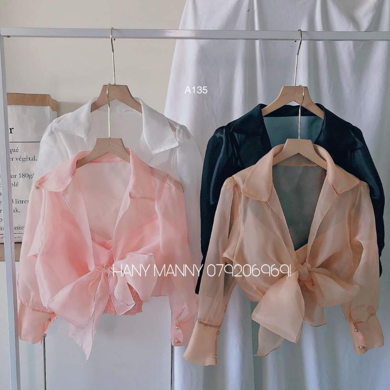 Áo kiểu nữ cột nơ tay lững đính ngọc kèm áo trong
