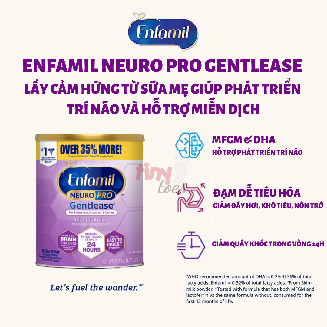Sữa bột Enfamil Neuro Pro Gentlease dành cho bé nôn trớ, thành phần đạm thủy phân một phần, sự kết hợp MFGM và DHA tăng cường phát triển trí não, hộp thiếc 777g, Mỹ