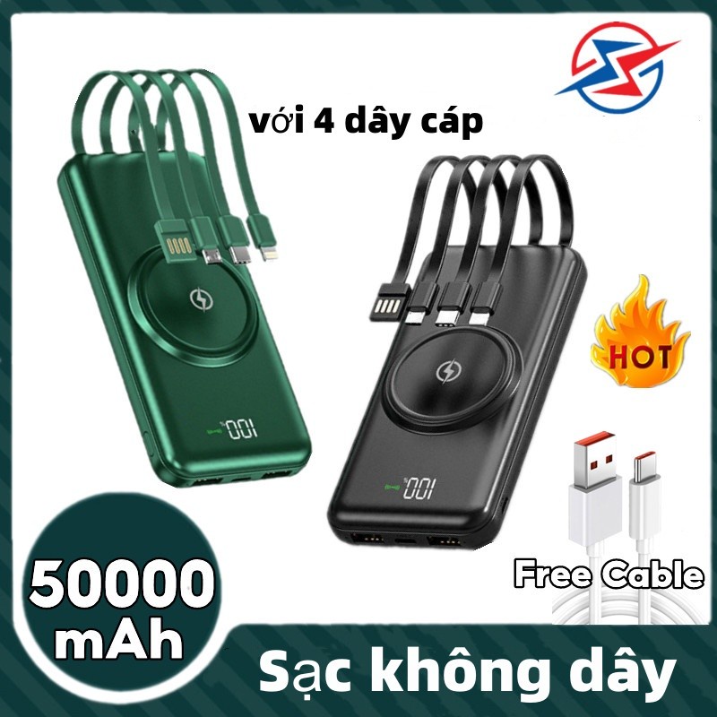 Powerbank 50000mAh Cáp Powerbank không dây chính hãng Không dây gốc 4 cáp Màn hình LED di động