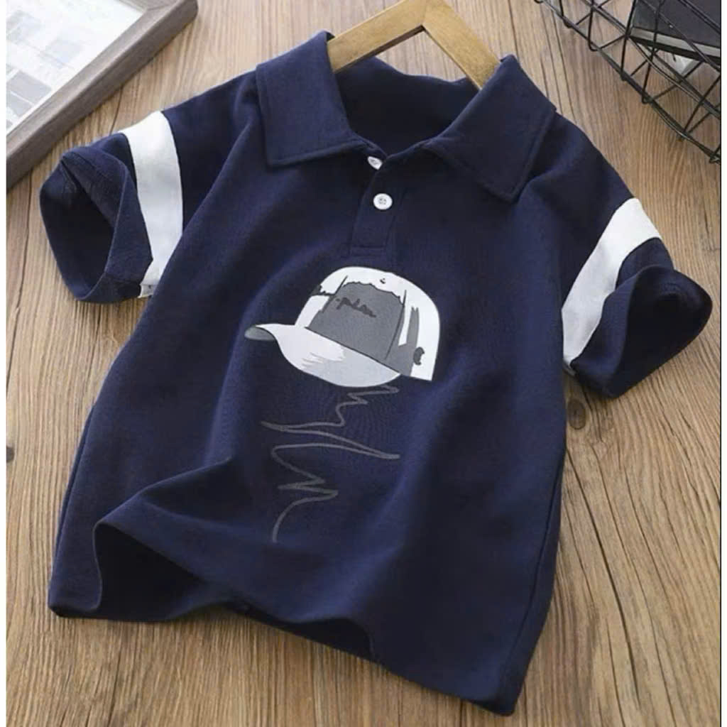 Short-Sleeved Polo Shirt with Printed Hat for Boys 18-52kg. Cool Fabric Material, Slightly Stretchy. Nl4