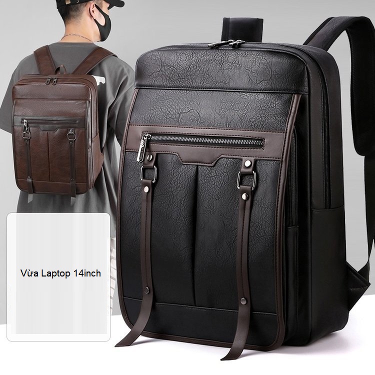 Balo da nam thời trang Hàn Quốc 2023, vừa laptop 14inch, đi làm, đi học lịch sự, Chất da dày dặn