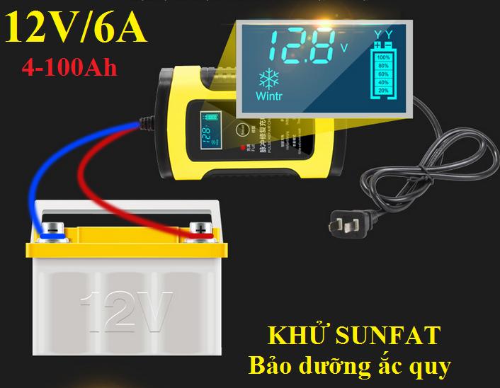 Sạc bình ắc quy 12V/6A từ 4ah - 100Ah có khử sunfat phục hồi ắc quy, chống ngược cực, tự ngắt khi đầy, sac ac quy, sac ac quy 12v, may sac ac quy