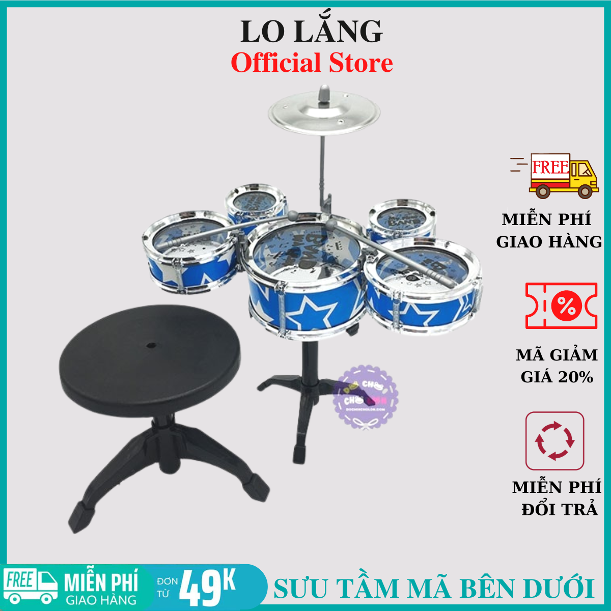 BỘ TRỐNG JAZZ DRUM CHO BÉ NHƯ HÌNH 5 TRỐNG MỘT GHẾ CHO BÉ TẬP ĐÁNH