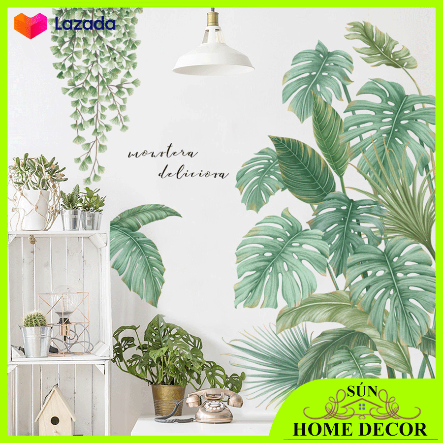 [CAM KẾT CHẤT LƯỢNG] Decal dán tường cây lá nhiệt đới 02 PC bắc âu, tranh dán tranh trí tường chống thấm nước, dùng để trang trí phòng ốc, quán hàng trở nên tươi mát hơn với gam màu xanh lá cây
