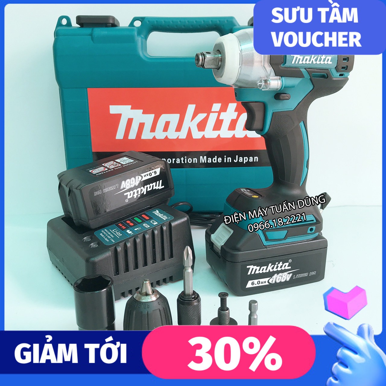 Máy siết bulong pin Makita 168V - 6Ah Lực siết 500Nm kHÔNG CHỔI THAN KÈM BỘ ĐẦU CHUYỂN ĐỔI