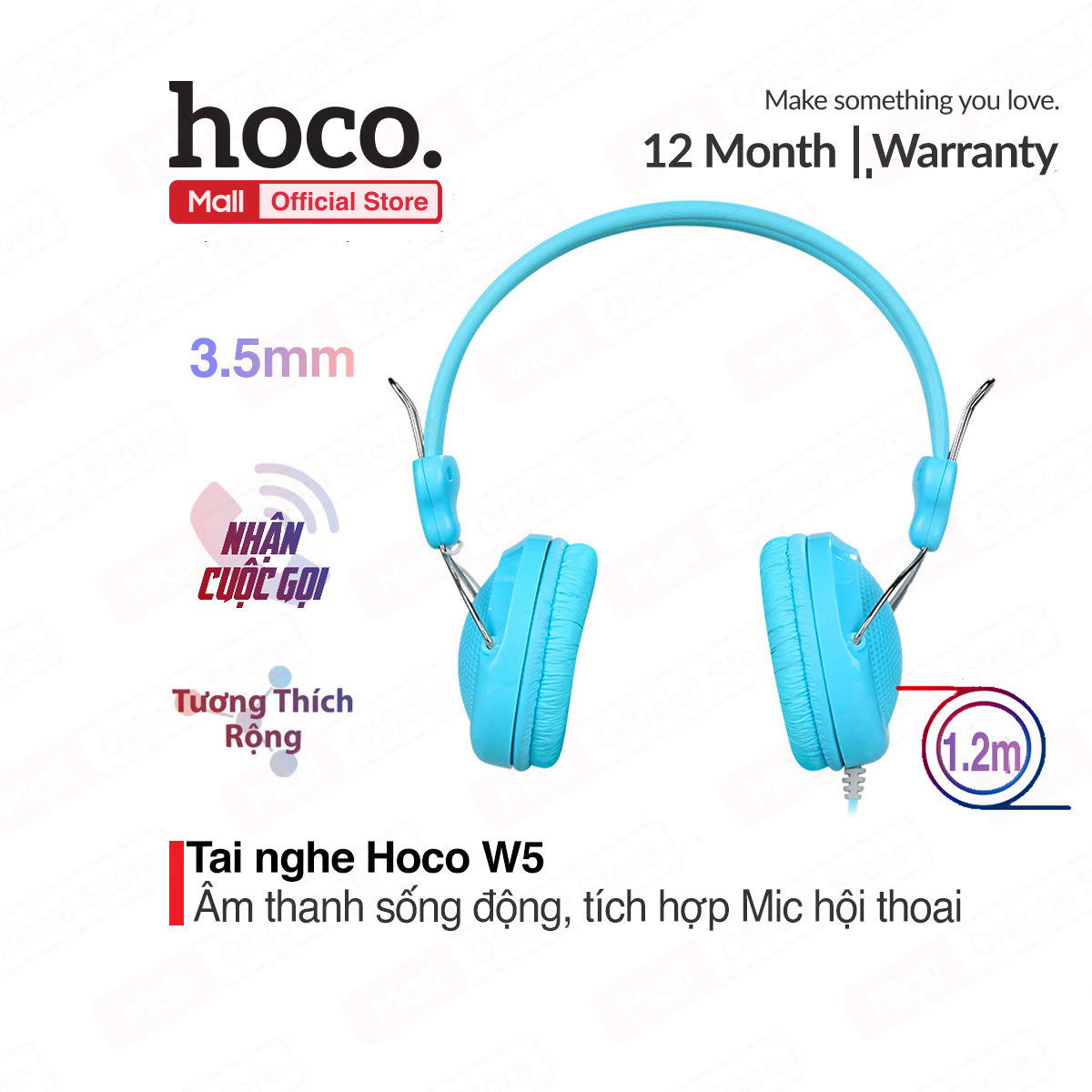 Tai nghe chụp tai Hoco W5, đệm tai êm ái, âm thanh sống động, có tích hợp micro thoại