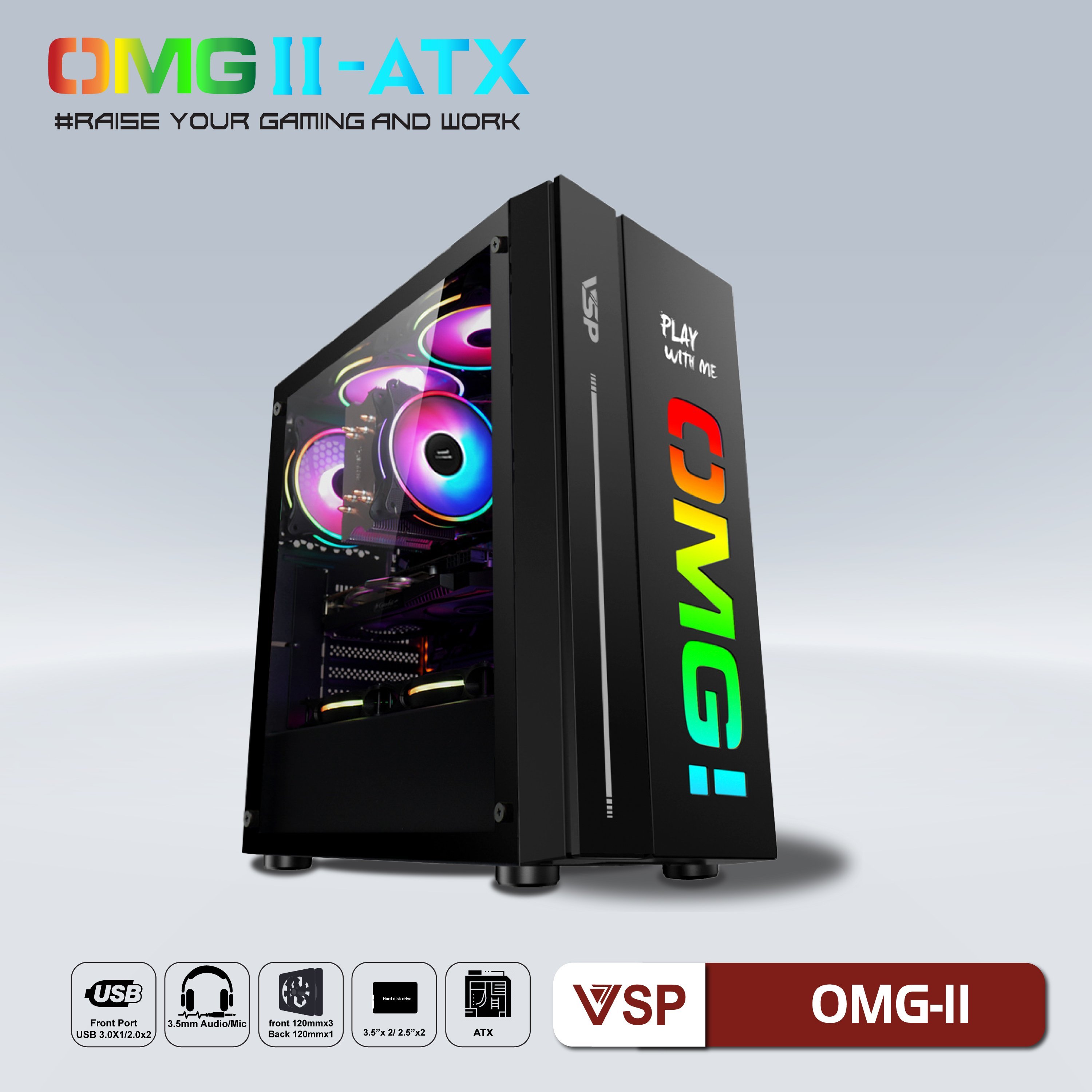 Vỏ case gaming vsp omg-ii atx - đen, xanh, hồng - chưa bao gồm fan case
