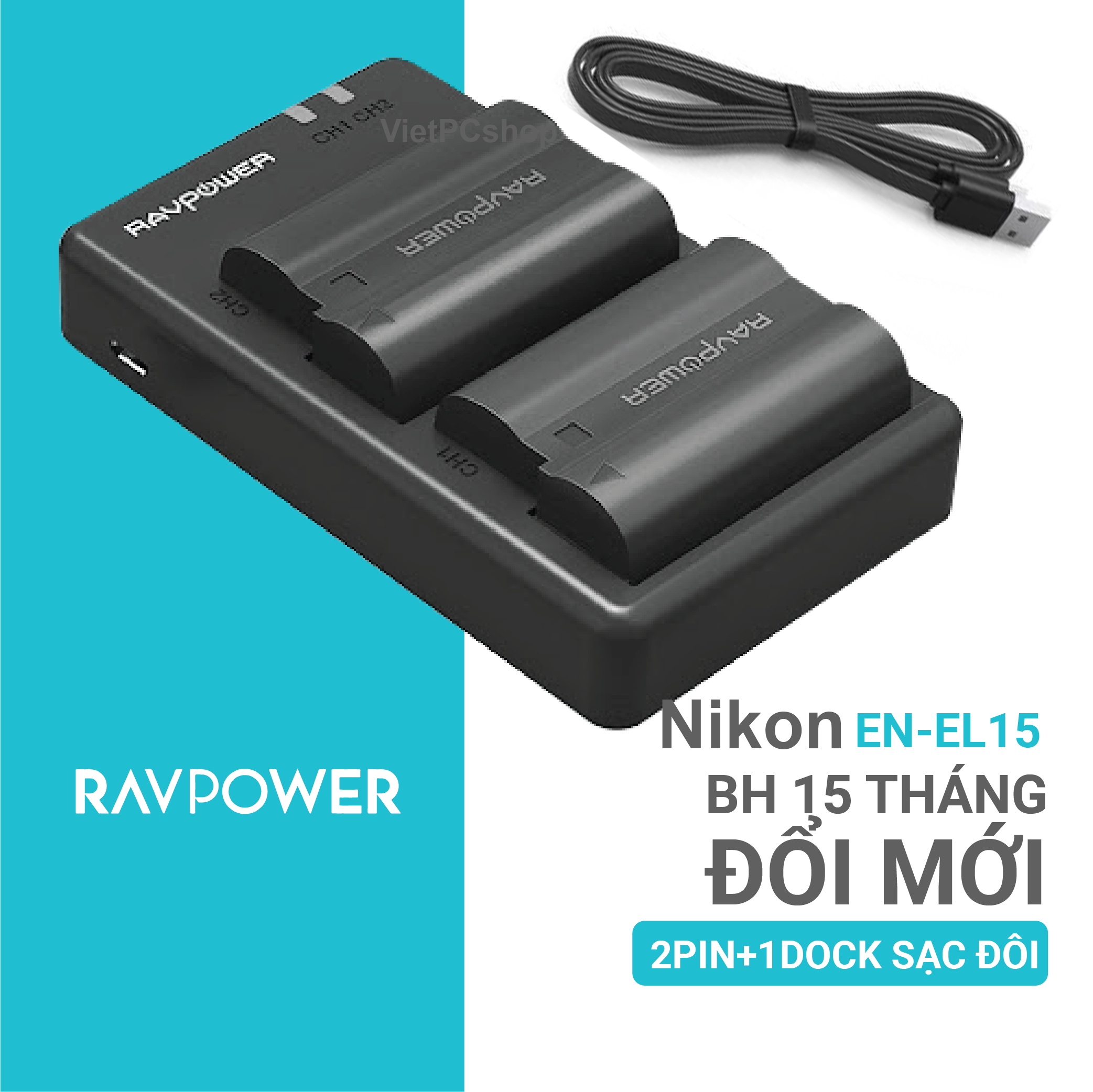 Pin và sạc Nikon EN-EL15 - RAVPOWER RP-PB057 cho Nikon D810, D610, D800, D850, D600, D800e, D7100, D750, D7000, D7200, D7500... Bảo hành 15 tháng, lỗi đổi mới